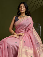 Jyoti Fashion Women's Pink Soft Muga Cotton Paithani Zari Woven Saree with Blouse | Grocsy