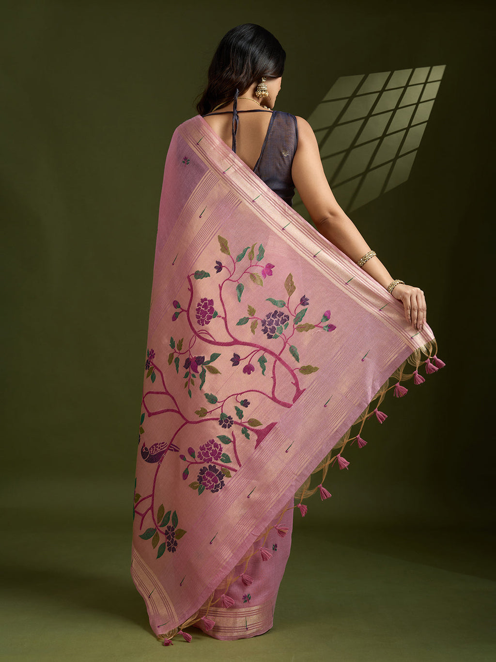 Jyoti Fashion Women's Pink Soft Muga Cotton Paithani Zari Woven Saree with Blouse | Grocsy