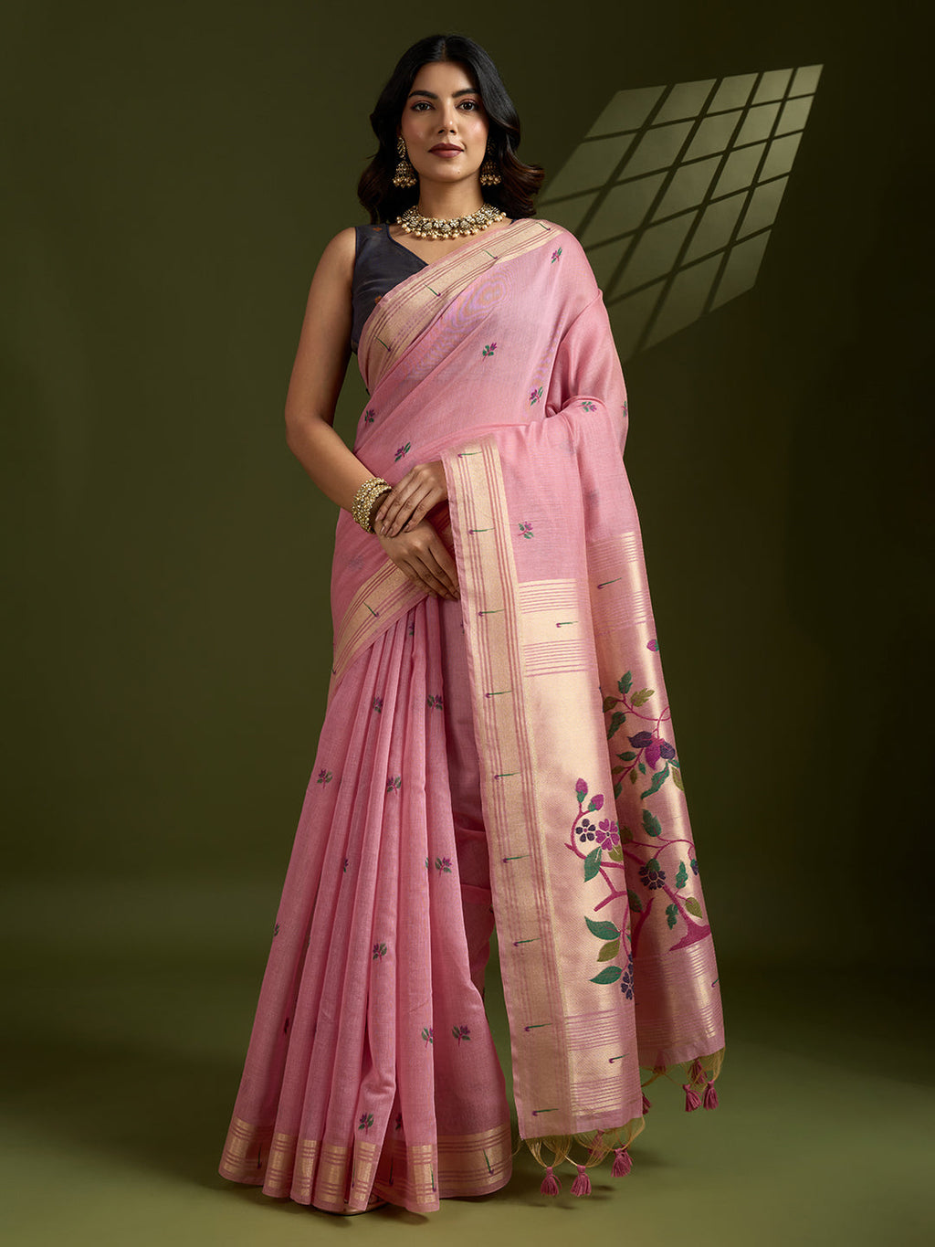 Jyoti Fashion Women's Pink Soft Muga Cotton Paithani Zari Woven Saree with Blouse | Grocsy