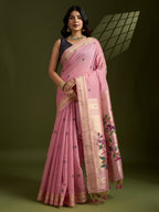 Jyoti Fashion Women's Pink Soft Muga Cotton Paithani Zari Woven Saree with Blouse | Grocsy