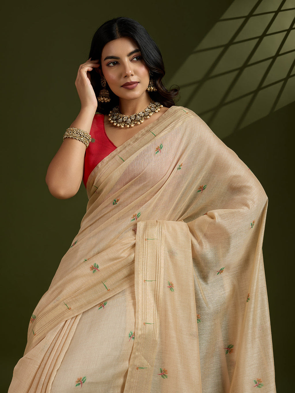 Jyoti Fashion Women's Cream Soft Muga Cotton Paithani Zari Woven Saree with Blouse | Grocsy