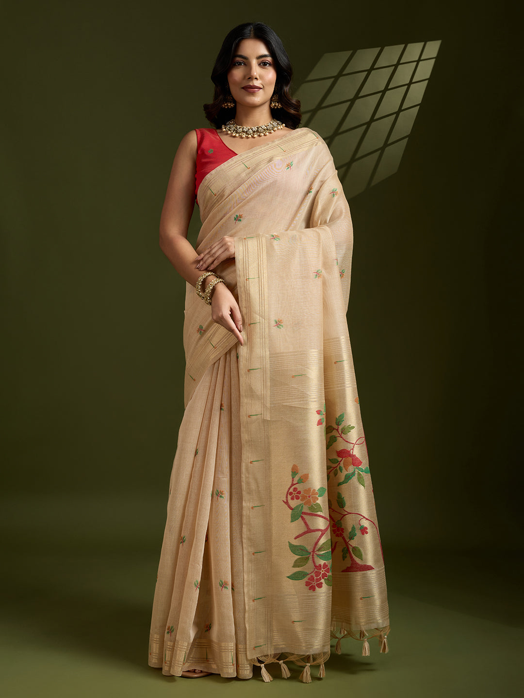Jyoti Fashion Women's Cream Soft Muga Cotton Paithani Zari Woven Saree with Blouse | Grocsy