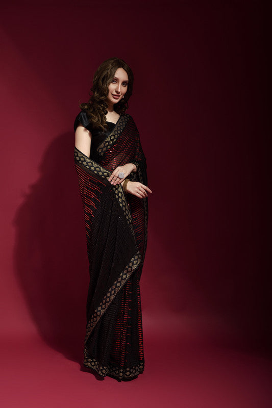 Jyoti Fashion Women's Maroon Sequence Embroidery Georgette Saree with Blouse | Grocsy