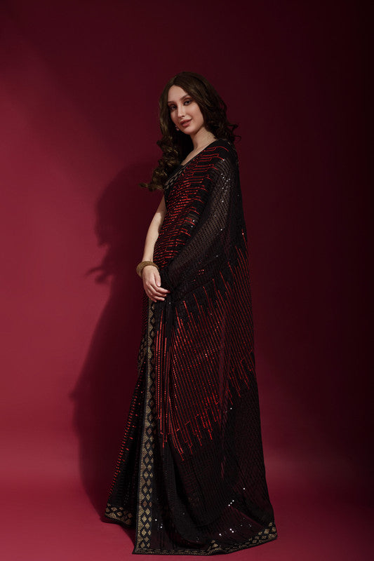 Jyoti Fashion Women's Maroon Sequence Embroidery Georgette Saree with Blouse | Grocsy