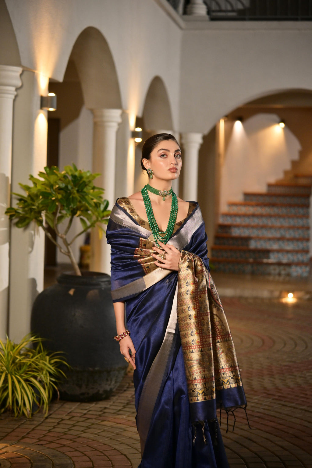 Jyoti Fashion Women's Navy Blue Soft Khadi Raw Silk Zari Woven Saree with Blouse | Grocsy