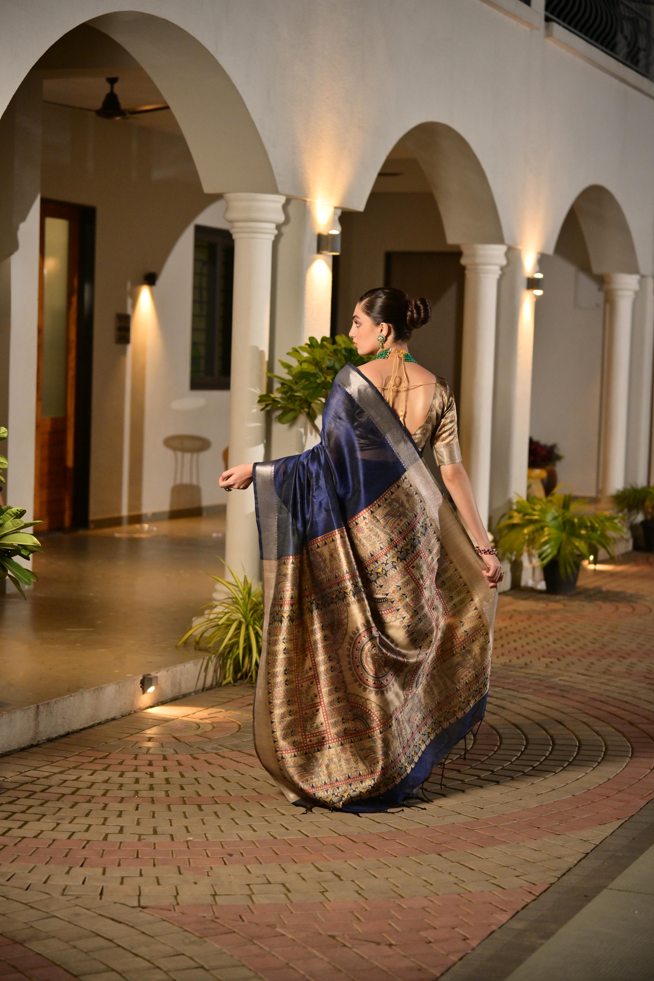 Jyoti Fashion Women's Navy Blue Soft Khadi Raw Silk Zari Woven Saree with Blouse | Grocsy