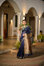 Jyoti Fashion Women's Navy Blue Soft Khadi Raw Silk Zari Woven Saree with Blouse | Grocsy
