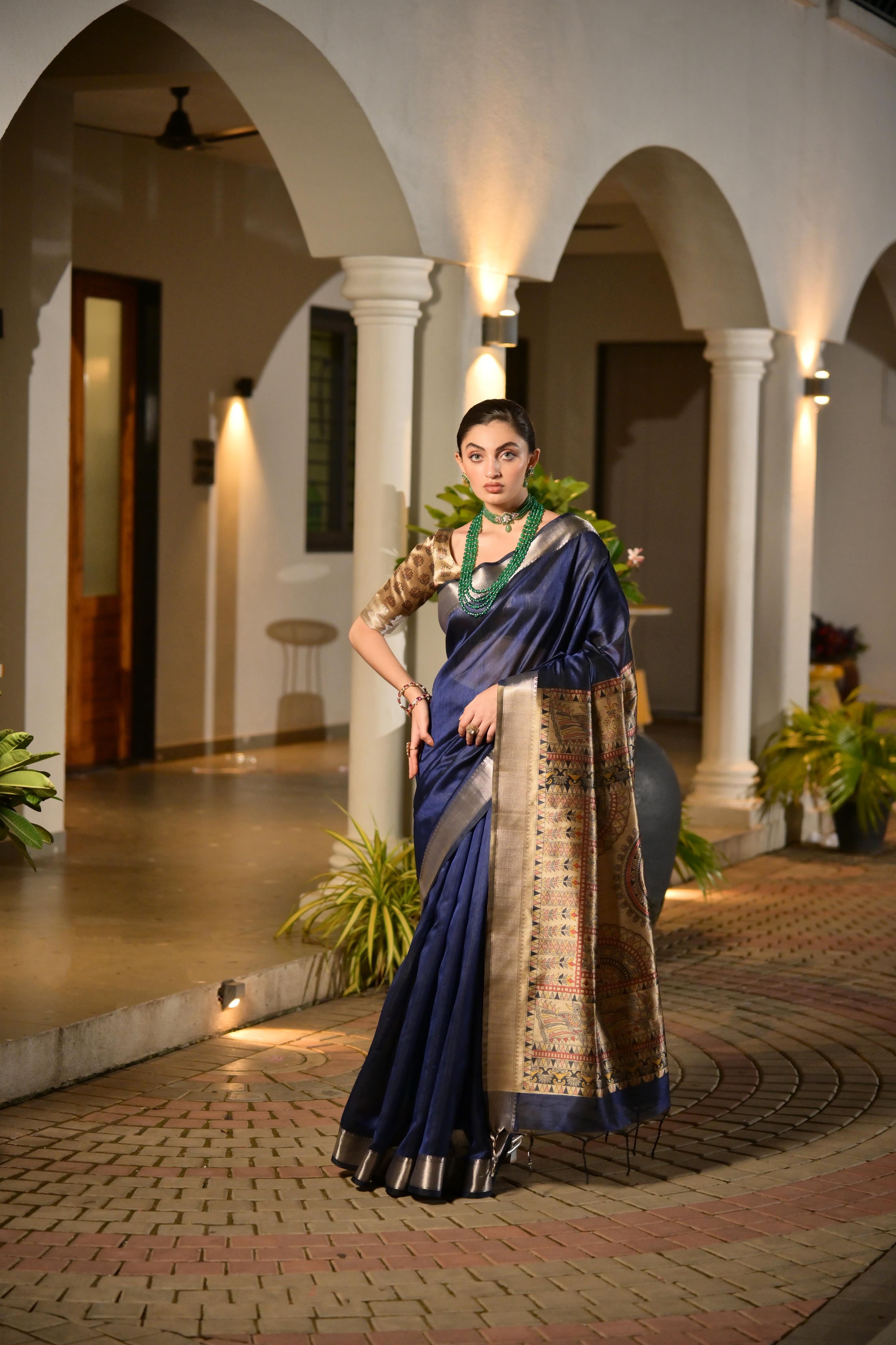 Jyoti Fashion Women's Navy Blue Soft Khadi Raw Silk Zari Woven Saree with Blouse | Grocsy