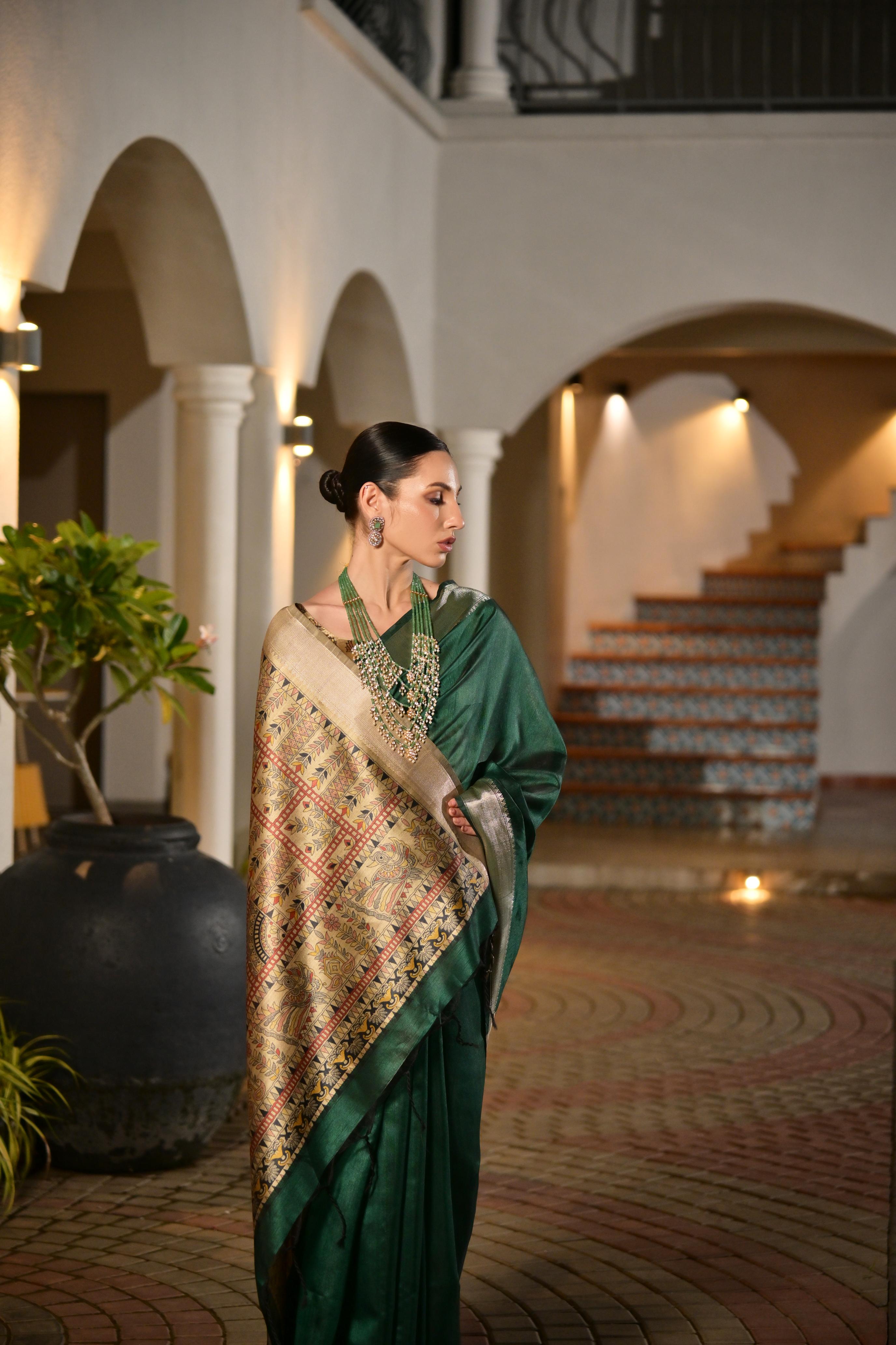 Jyoti Fashion Women's Bottle Green Soft Khadi Raw Silk Zari Woven Saree with Blouse | Grocsy