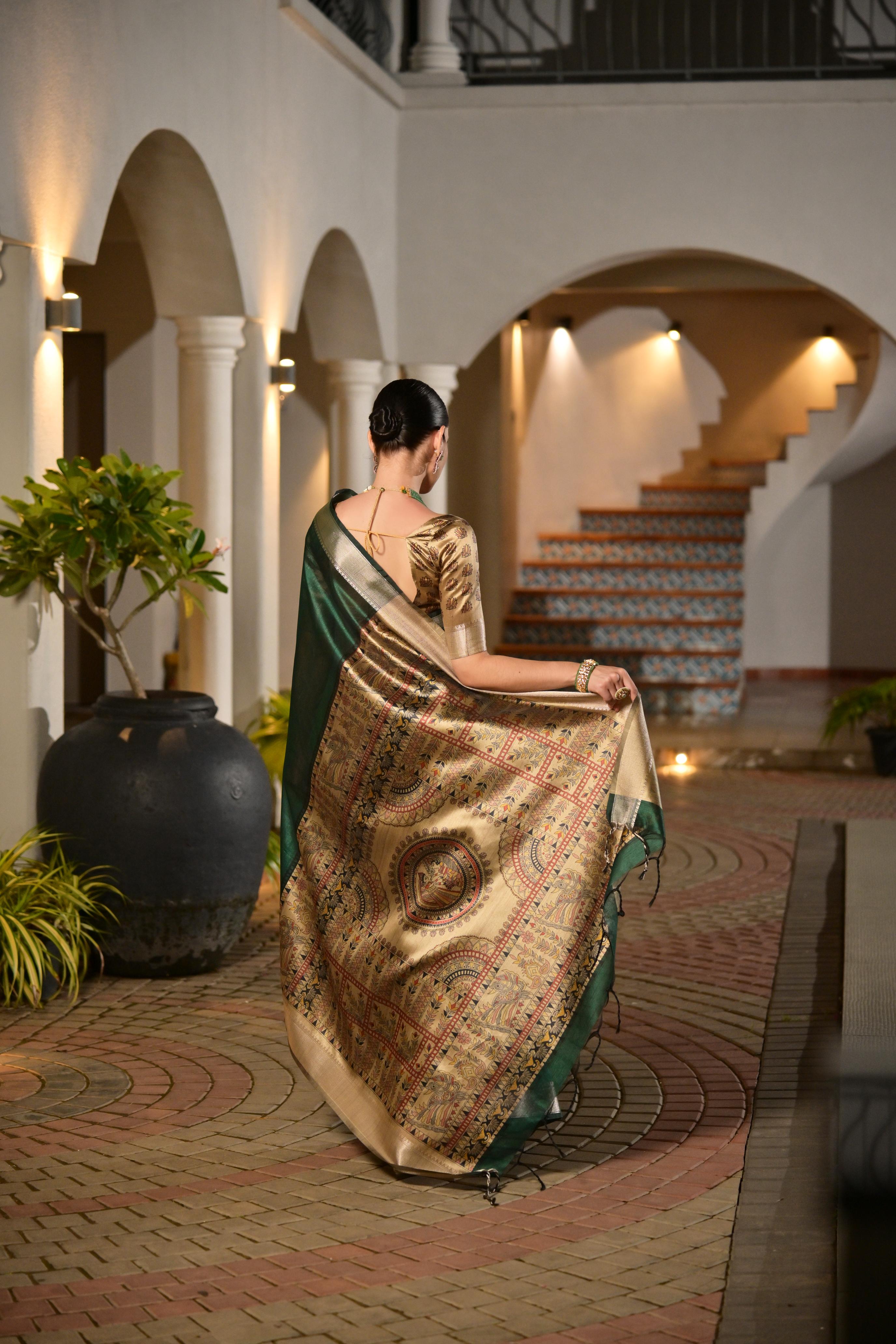 Jyoti Fashion Women's Bottle Green Soft Khadi Raw Silk Zari Woven Saree with Blouse | Grocsy