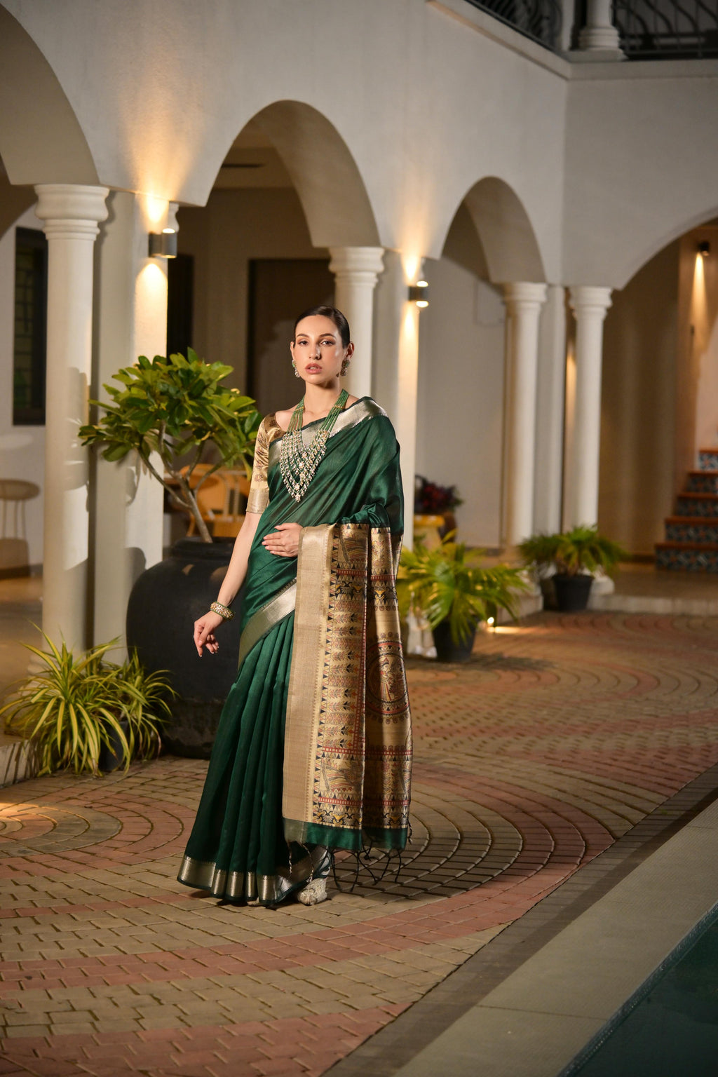 Jyoti Fashion Women's Bottle Green Soft Khadi Raw Silk Zari Woven Saree with Blouse | Grocsy