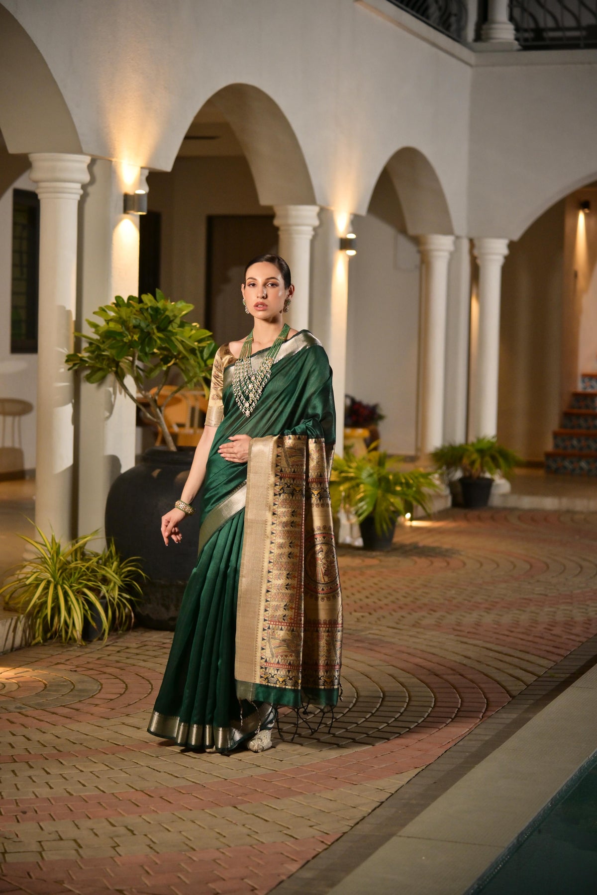 Jyoti Fashion Women's Bottle Green Soft Khadi Raw Silk Zari Woven Saree with Blouse | Grocsy