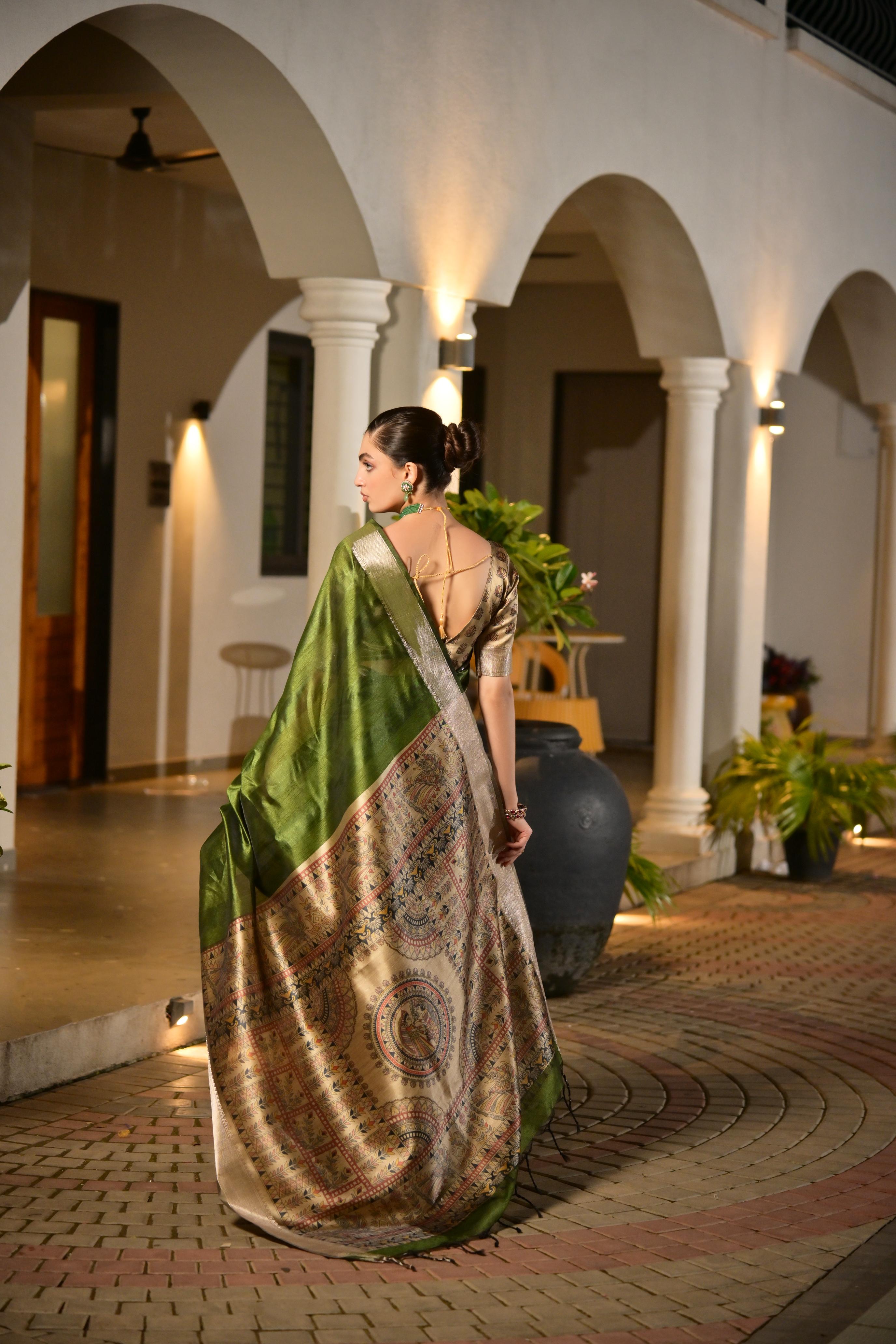 Jyoti Fashion Women's Green Soft Khadi Raw Silk Zari Woven Saree with Blouse | Grocsy