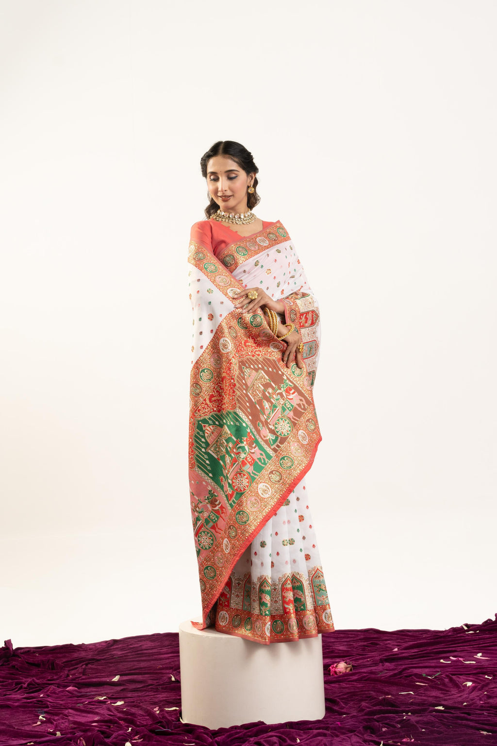 Jyoti Fashion Women's White Banarasi Pashmina Soft Silk Zari Woven Saree with Blouse | Grocsy