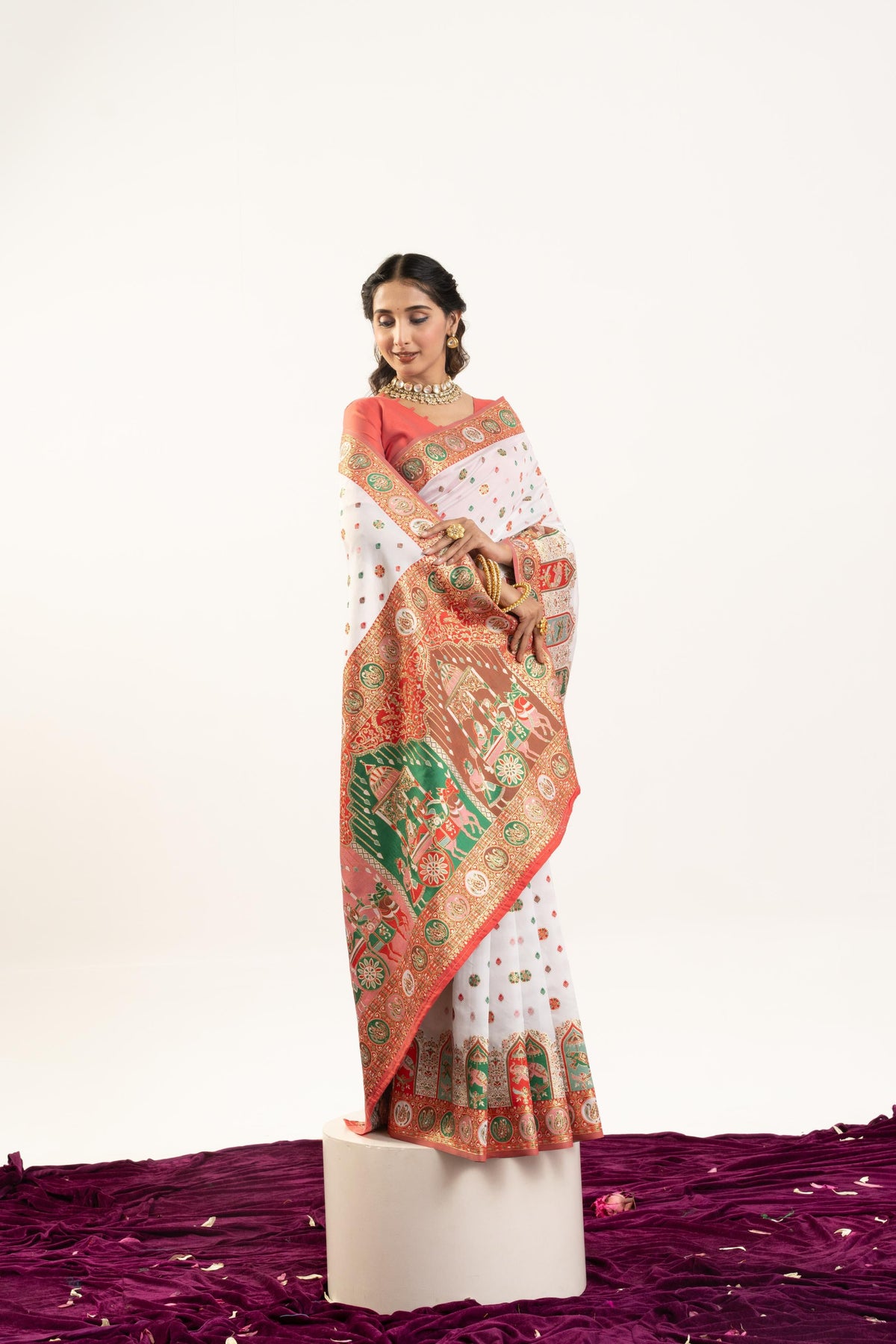 Jyoti Fashion Women's White Banarasi Pashmina Soft Silk Zari Woven Saree with Blouse | Grocsy