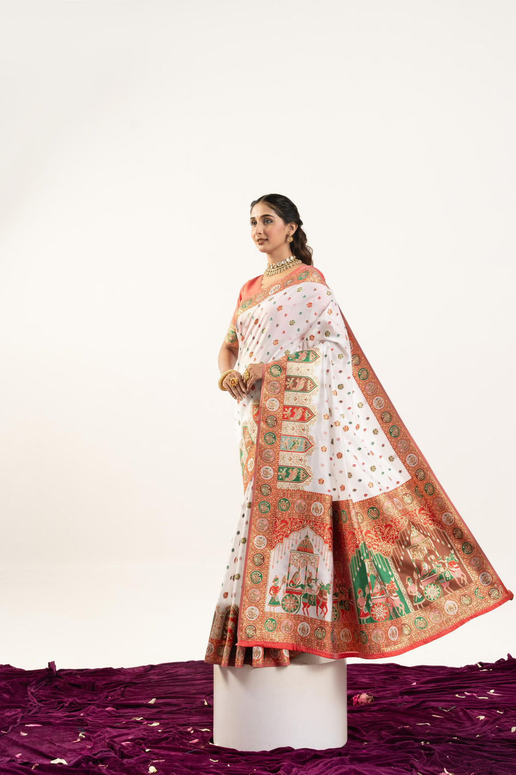 Jyoti Fashion Women's White Banarasi Pashmina Soft Silk Zari Woven Saree with Blouse | Grocsy