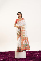 Jyoti Fashion Women's White Banarasi Pashmina Soft Silk Zari Woven Saree with Blouse | Grocsy