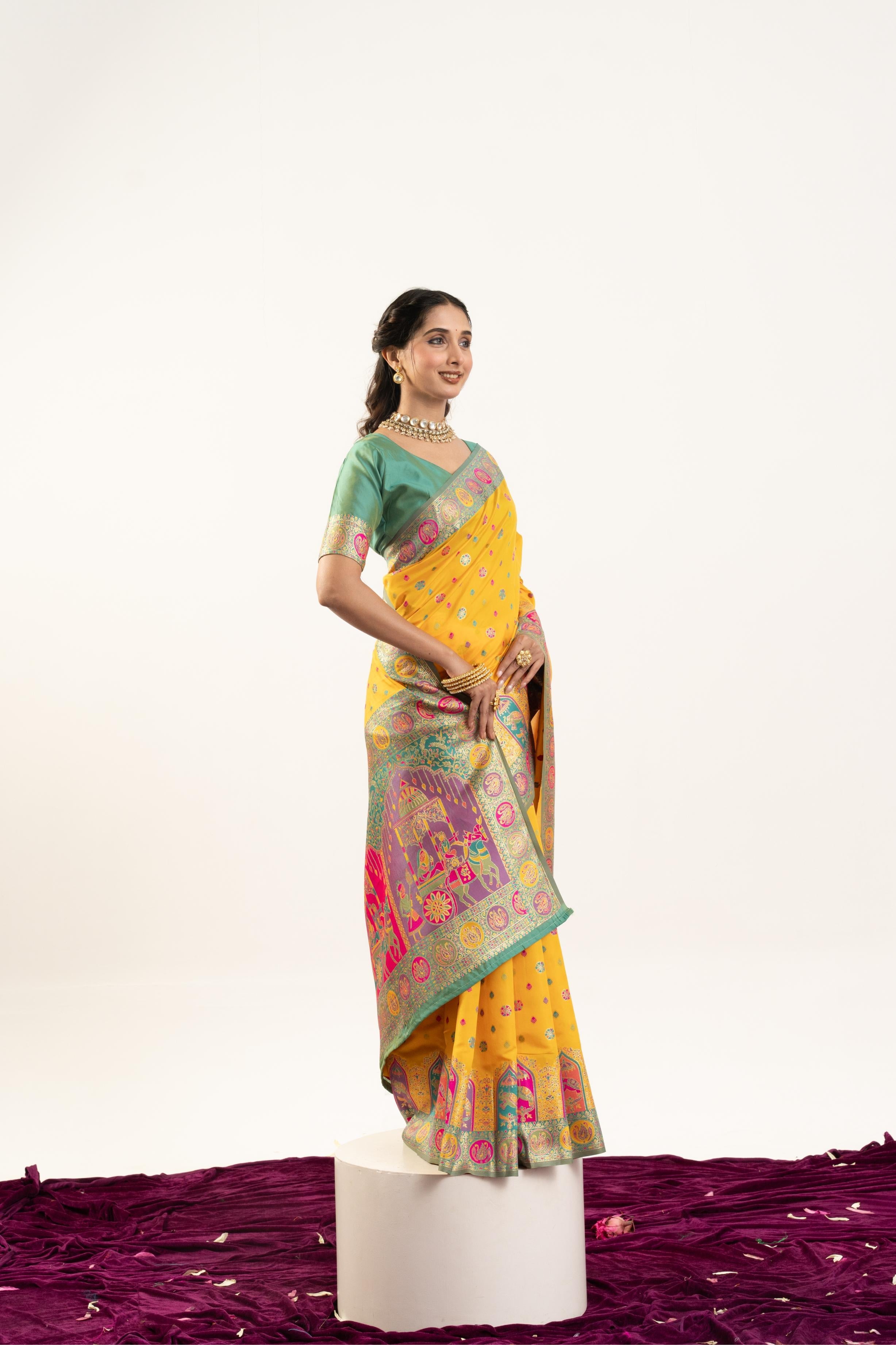 Jyoti Fashion Women's Yellow Banarasi Pashmina Soft Silk Zari Woven Saree with Blouse | Grocsy