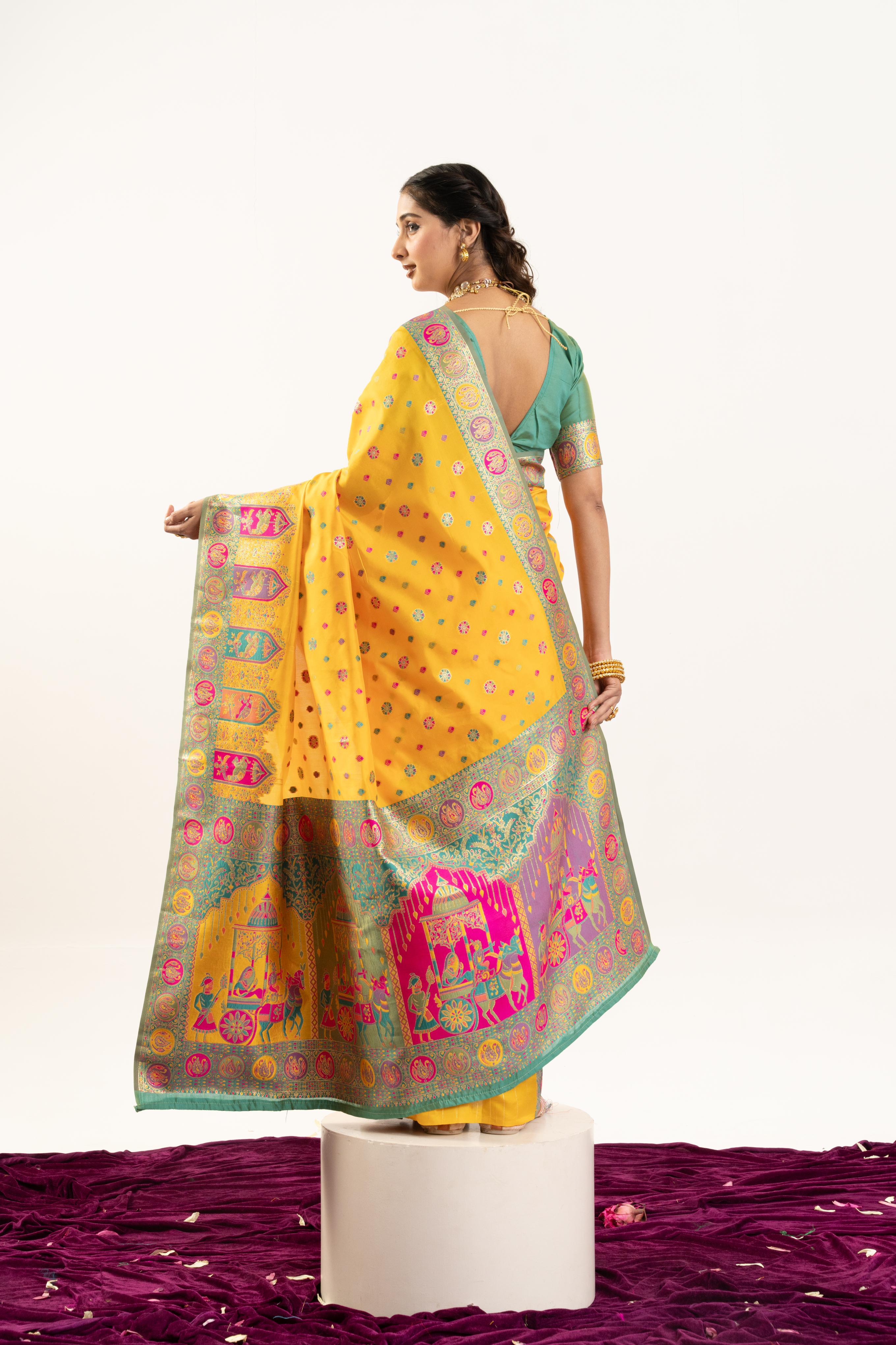 Jyoti Fashion Women's Yellow Banarasi Pashmina Soft Silk Zari Woven Saree with Blouse | Grocsy