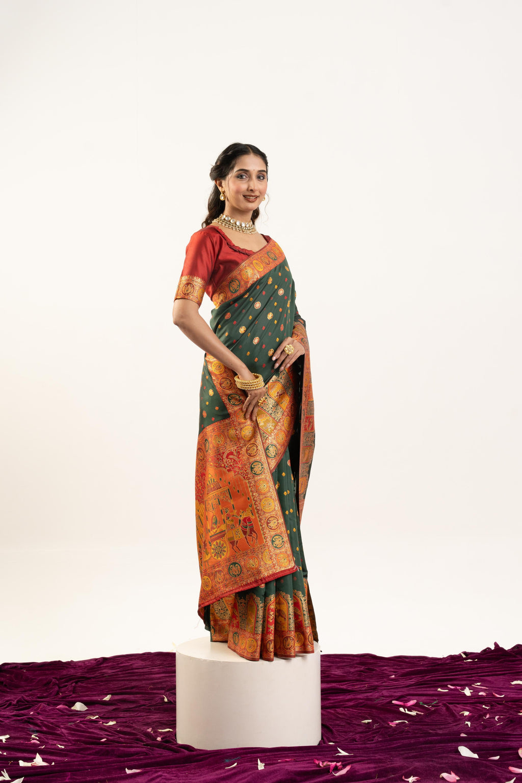 Jyoti Fashion Women's Bottle Green Banarasi Pashmina Soft Silk Zari Woven Saree with Blouse | Grocsy