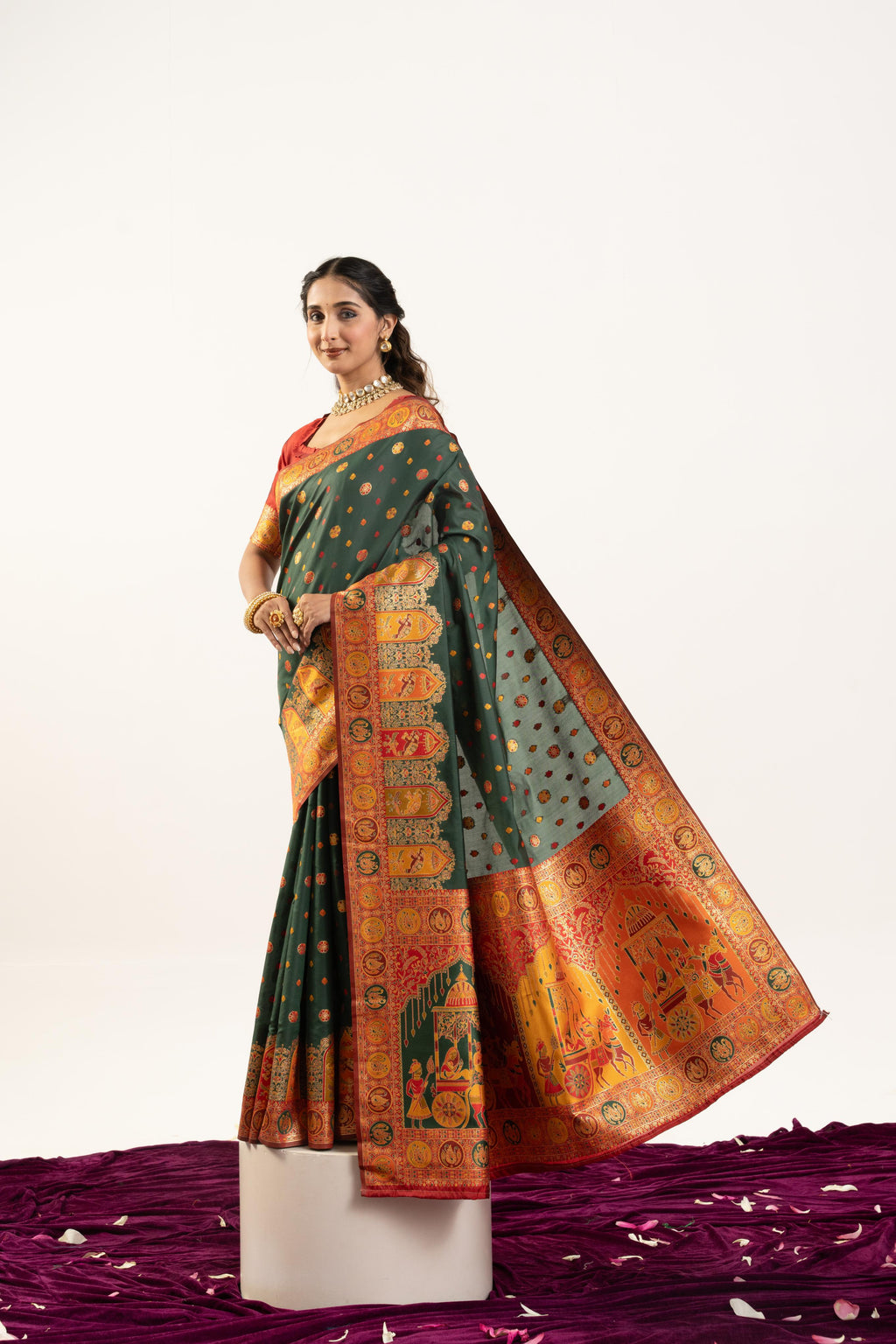 Jyoti Fashion Women's Bottle Green Banarasi Pashmina Soft Silk Zari Woven Saree with Blouse | Grocsy