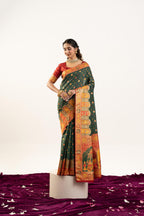 Jyoti Fashion Women's Bottle Green Banarasi Pashmina Soft Silk Zari Woven Saree with Blouse | Grocsy