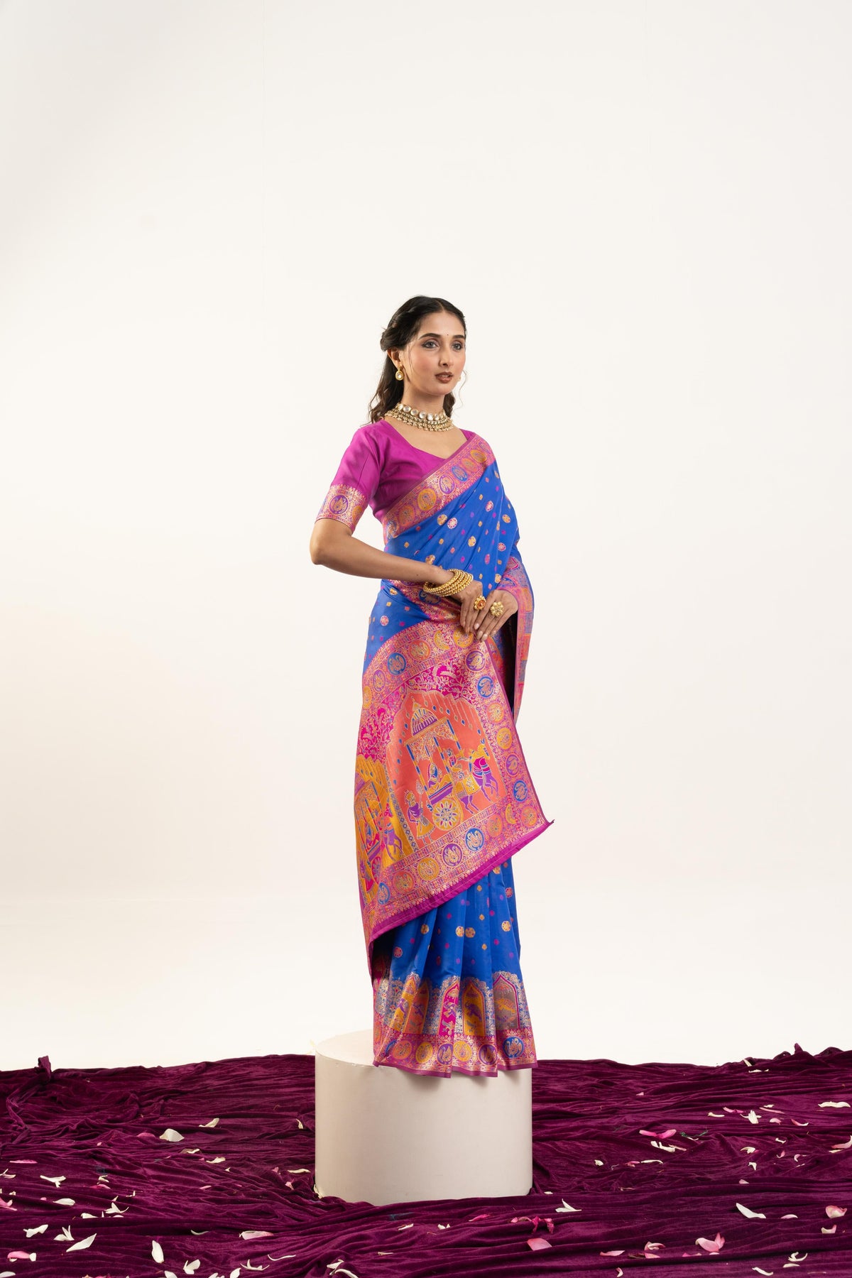 Jyoti Fashion Women's Blue Banarasi Pashmina Soft Silk Zari Woven Saree with Blouse | Grocsy