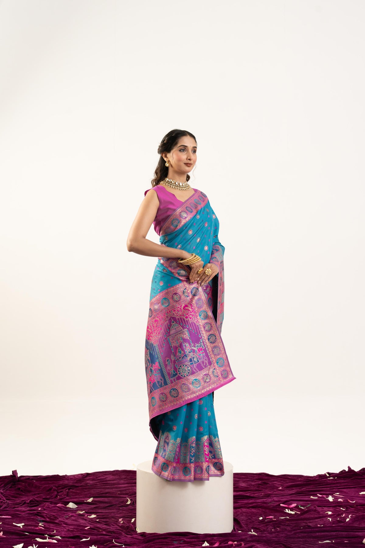 Jyoti Fashion Women's Turquoise Banarasi Pashmina Soft Silk Zari Woven Saree with Blouse | Grocsy