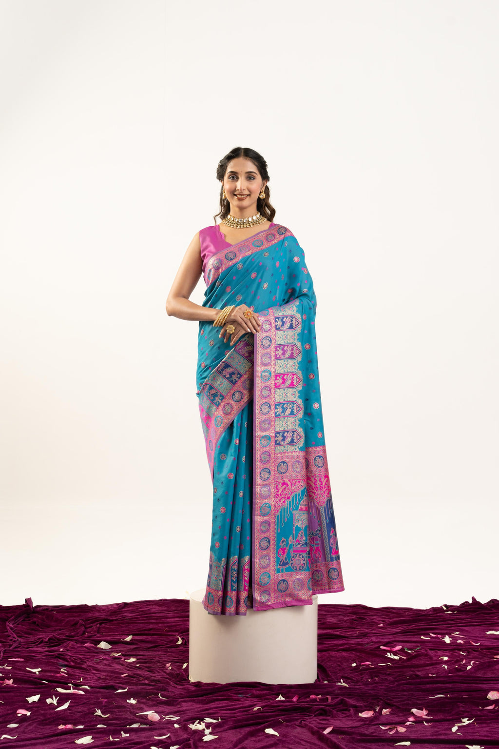 Jyoti Fashion Women's Turquoise Banarasi Pashmina Soft Silk Zari Woven Saree with Blouse | Grocsy
