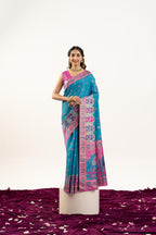 Jyoti Fashion Women's Turquoise Banarasi Pashmina Soft Silk Zari Woven Saree with Blouse | Grocsy