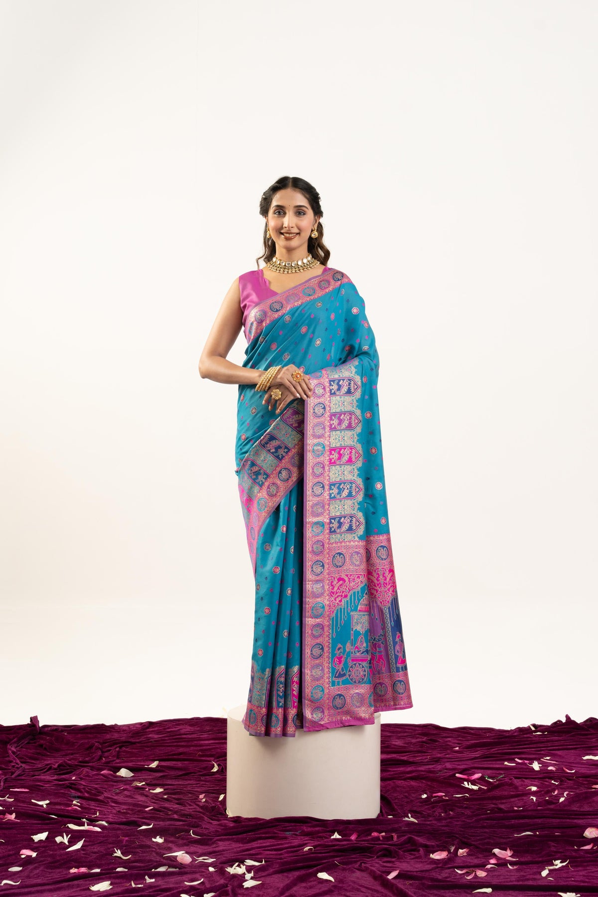 Jyoti Fashion Women's Turquoise Banarasi Pashmina Soft Silk Zari Woven Saree with Blouse | Grocsy