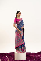 Jyoti Fashion Women's Navy Blue Banarasi Pashmina Soft Silk Zari Woven Saree with Blouse | Grocsy