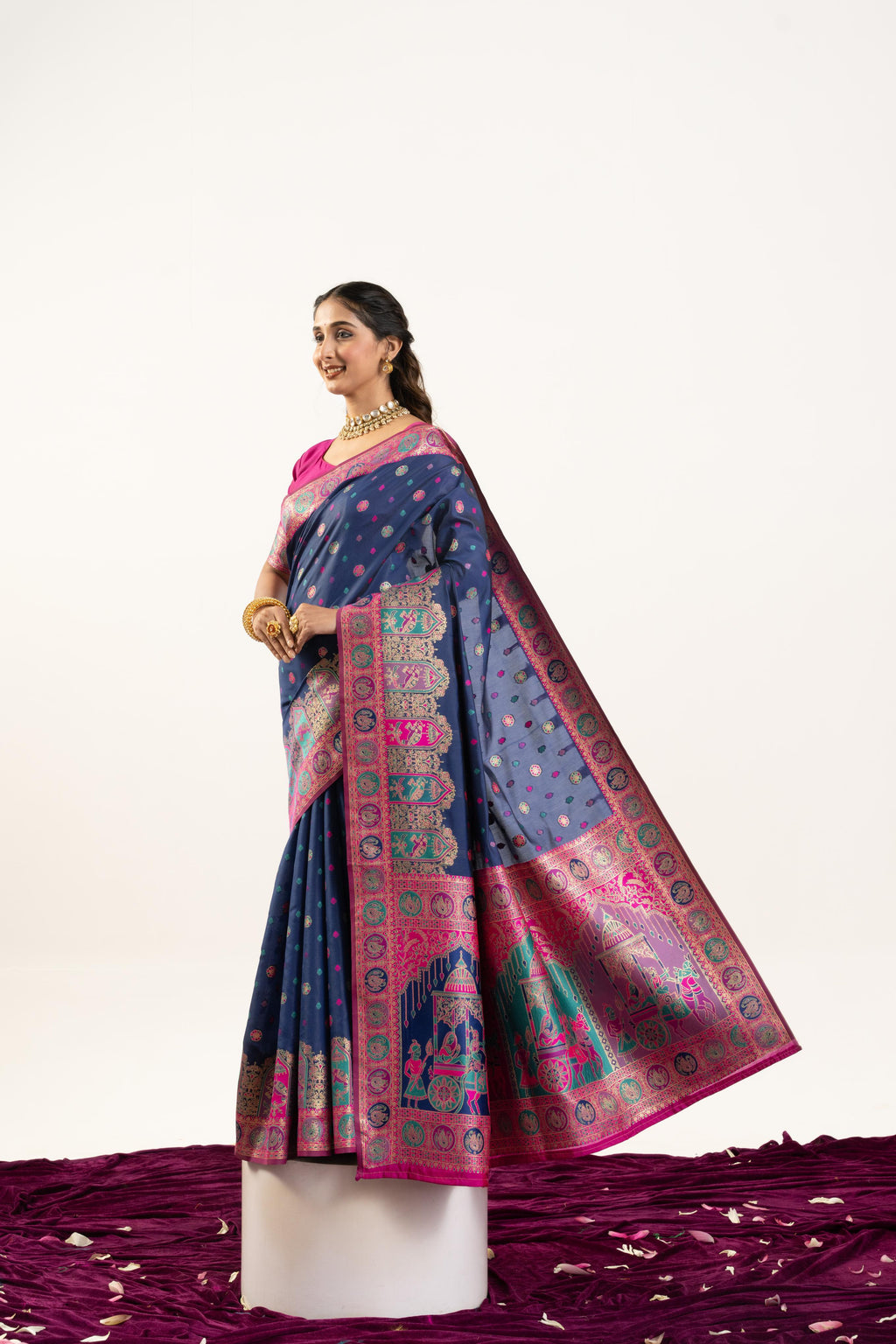 Jyoti Fashion Women's Navy Blue Banarasi Pashmina Soft Silk Zari Woven Saree with Blouse | Grocsy