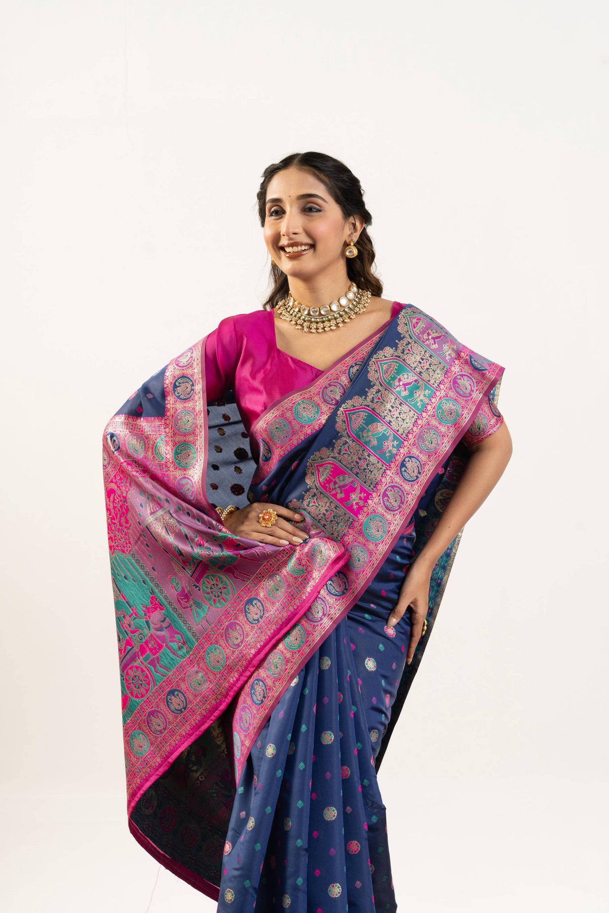 Jyoti Fashion Women's Navy Blue Banarasi Pashmina Soft Silk Zari Woven Saree with Blouse | Grocsy