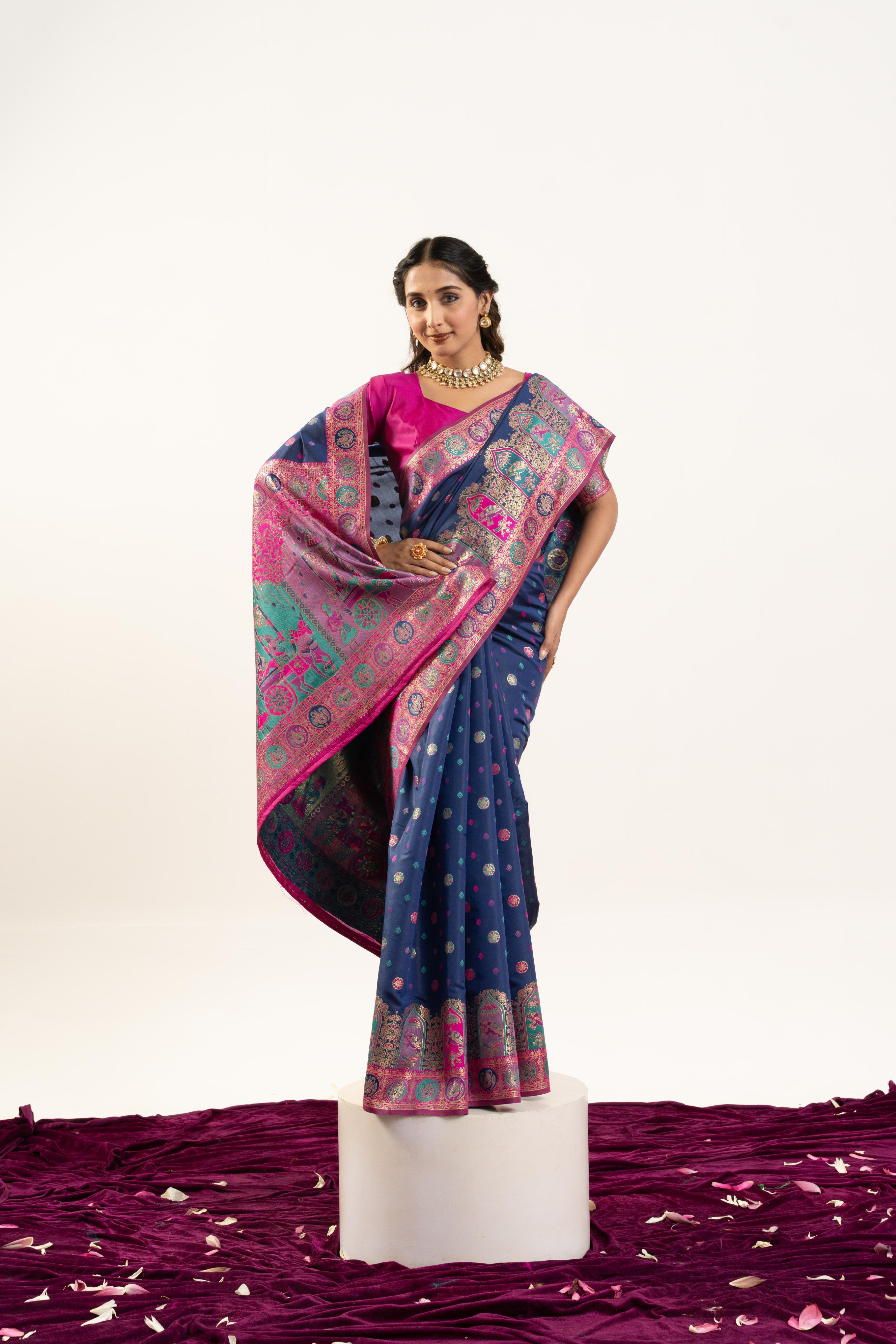Jyoti Fashion Women's Navy Blue Banarasi Pashmina Soft Silk Zari Woven Saree with Blouse | Grocsy
