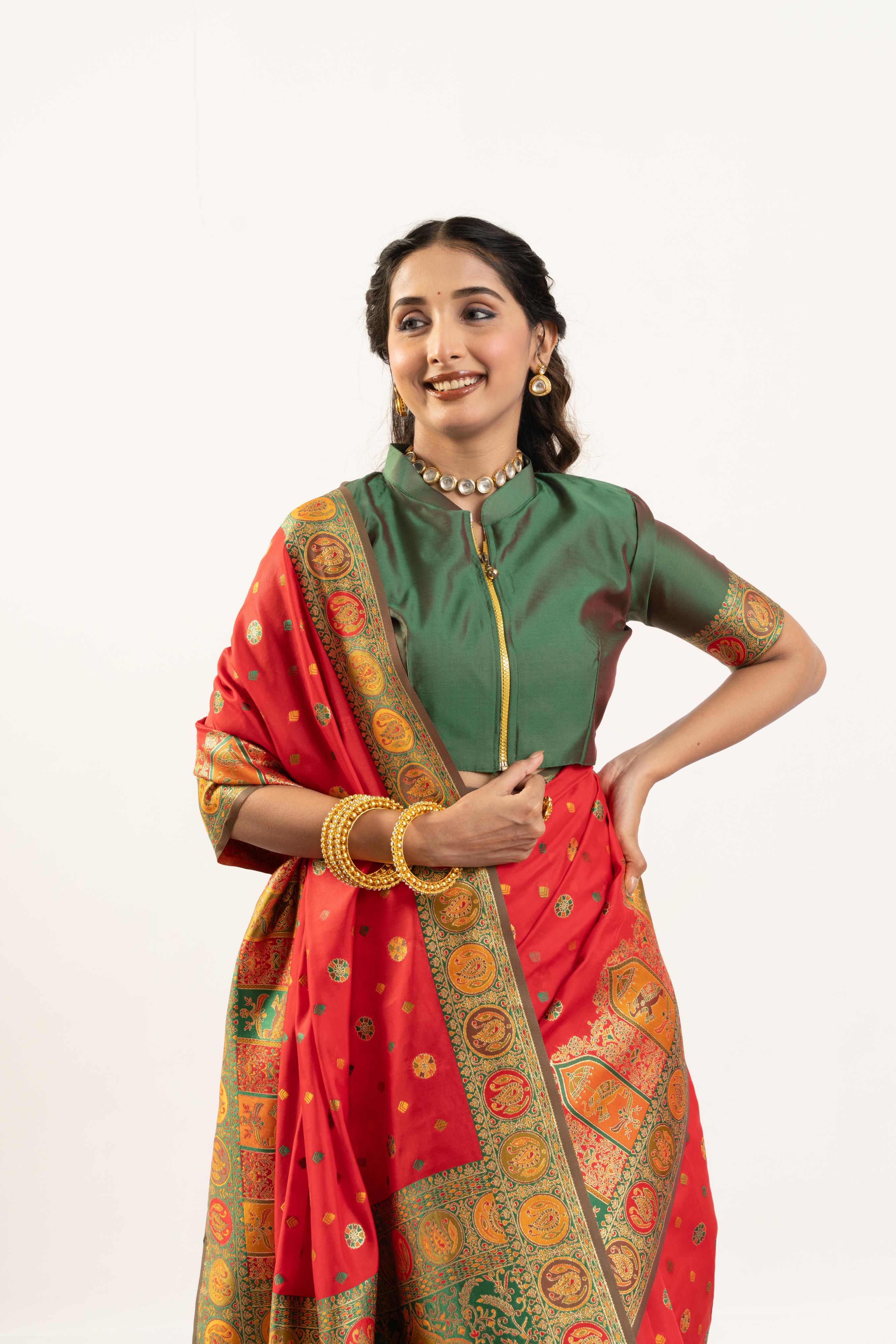 Jyoti Fashion Women's Red Banarasi Pashmina Soft Silk Zari Woven Saree with Blouse | Grocsy