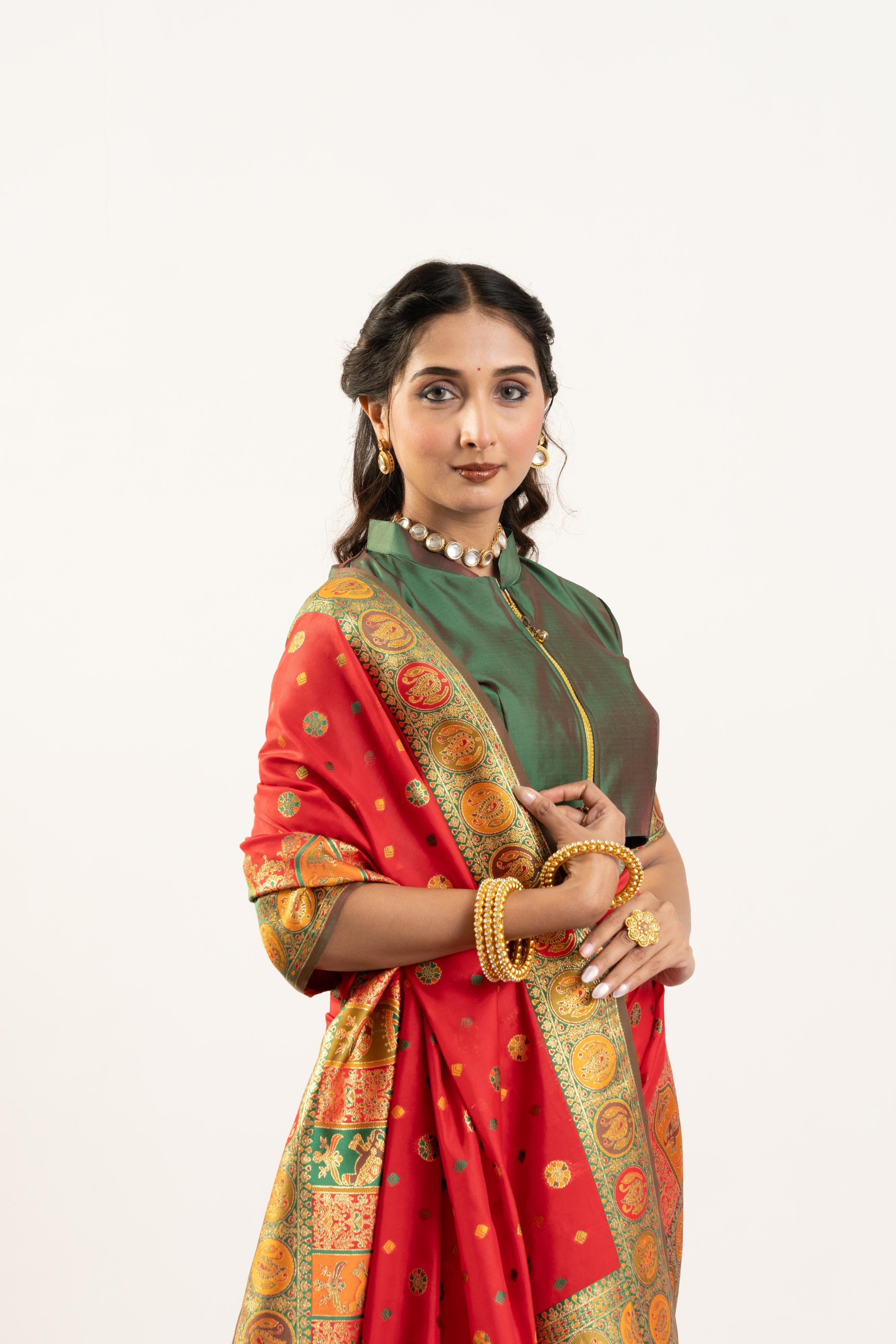 Jyoti Fashion Women's Red Banarasi Pashmina Soft Silk Zari Woven Saree with Blouse | Grocsy