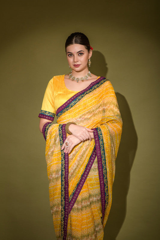 Jyoti Fashion Women's Yellow Foil Print with Sequence Georgette Saree with Blouse | Grocsy