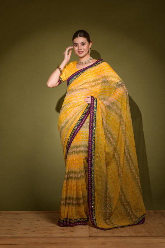 Jyoti Fashion Women's Yellow Foil Print with Sequence Georgette Saree with Blouse | Grocsy