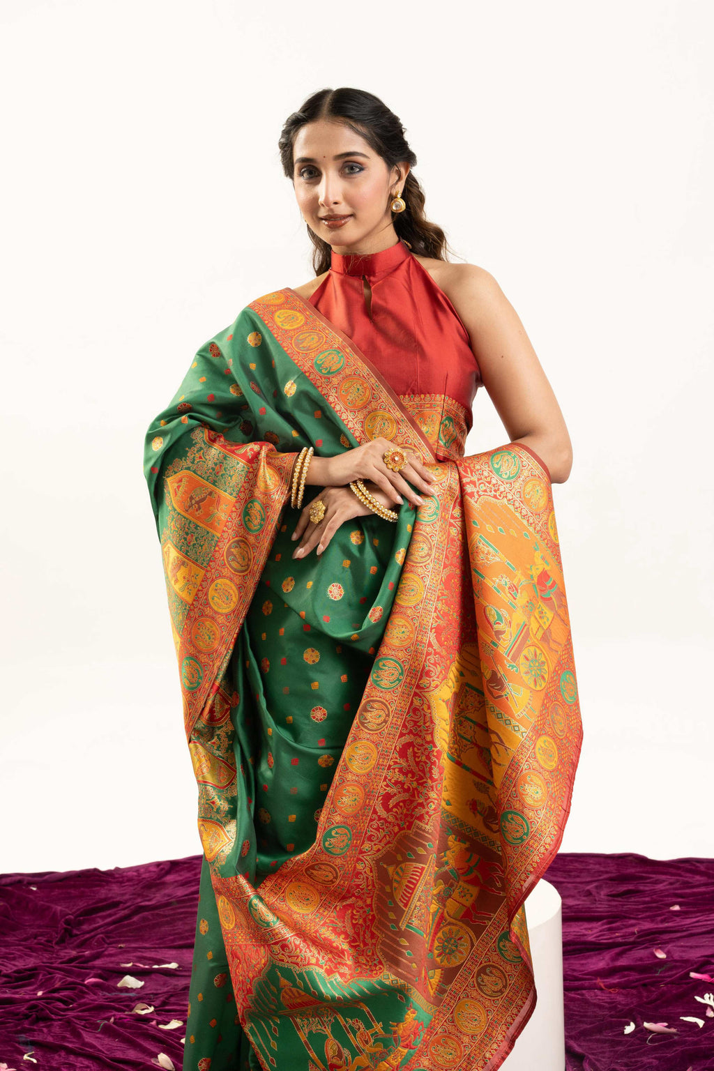 Jyoti Fashion Women's Green Banarasi Pashmina Soft Silk Zari Woven Saree with Blouse | Grocsy