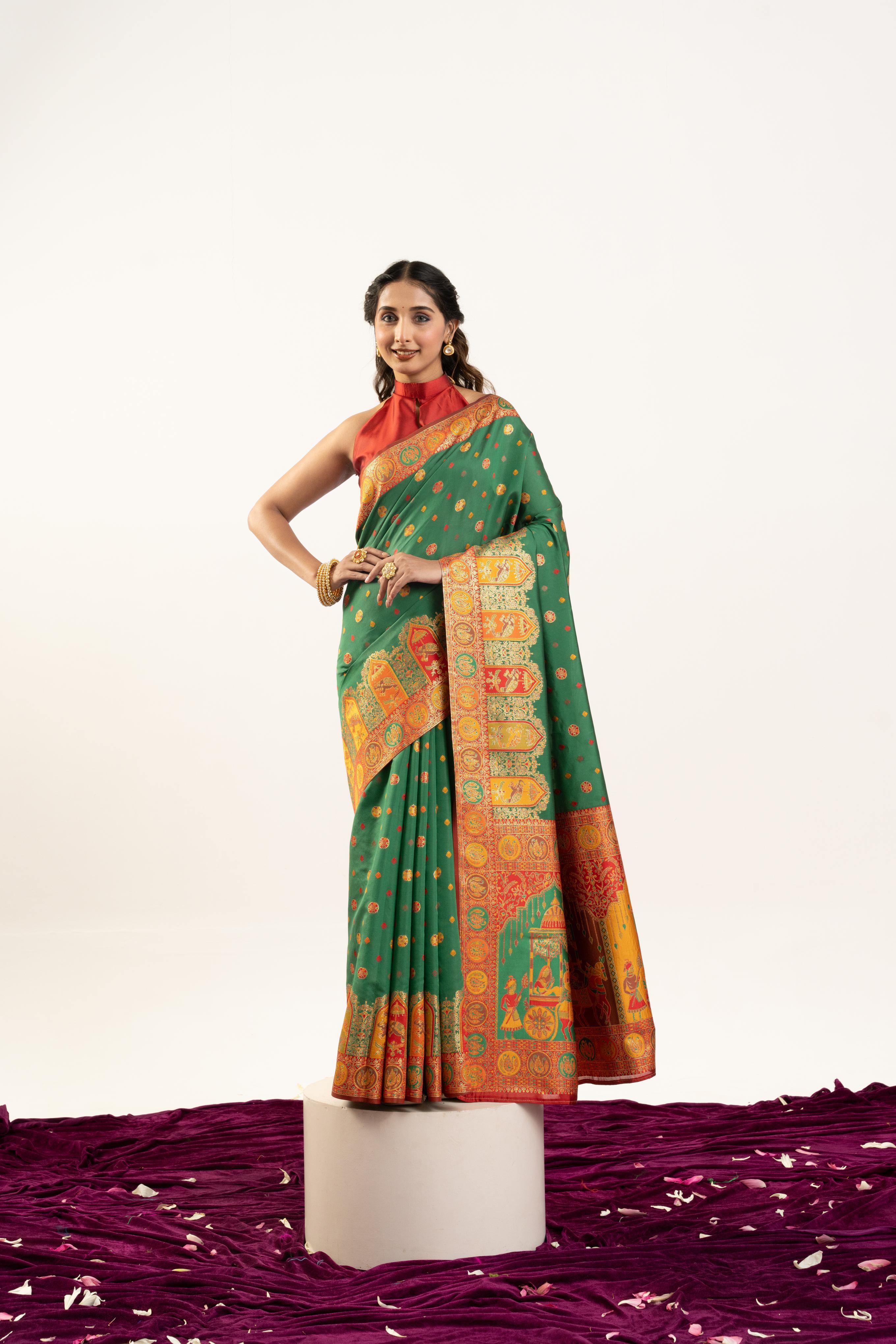 Jyoti Fashion Women's Green Banarasi Pashmina Soft Silk Zari Woven Saree with Blouse | Grocsy