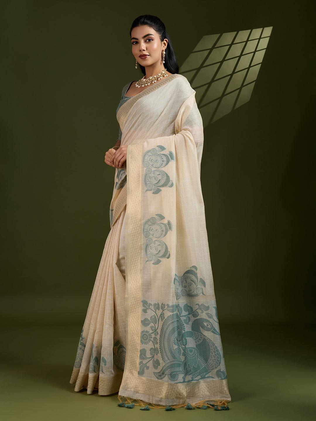 Jyoti Fashion Women's Grey Soft Muga Cotton Kalamkari Woven Saree with Blouse | Grocsy