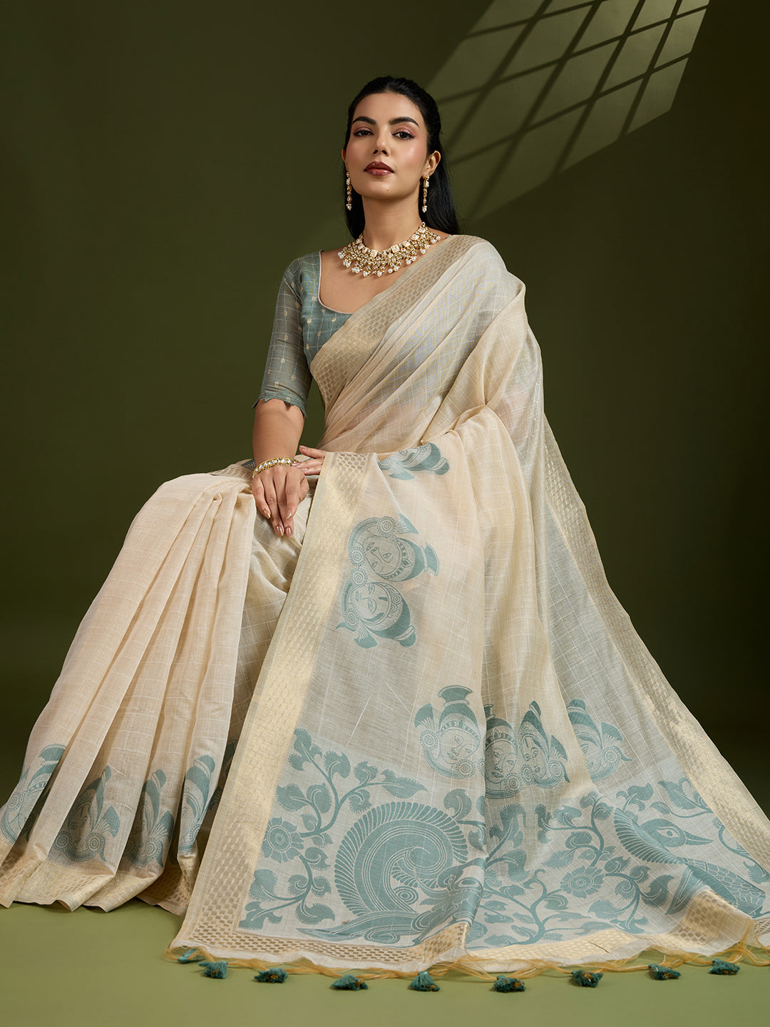 Jyoti Fashion Women's Grey Soft Muga Cotton Kalamkari Woven Saree with Blouse | Grocsy