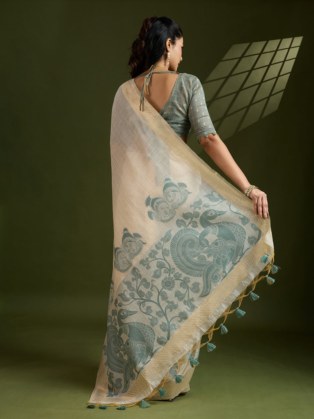 Jyoti Fashion Women's Grey Soft Muga Cotton Kalamkari Woven Saree with Blouse | Grocsy