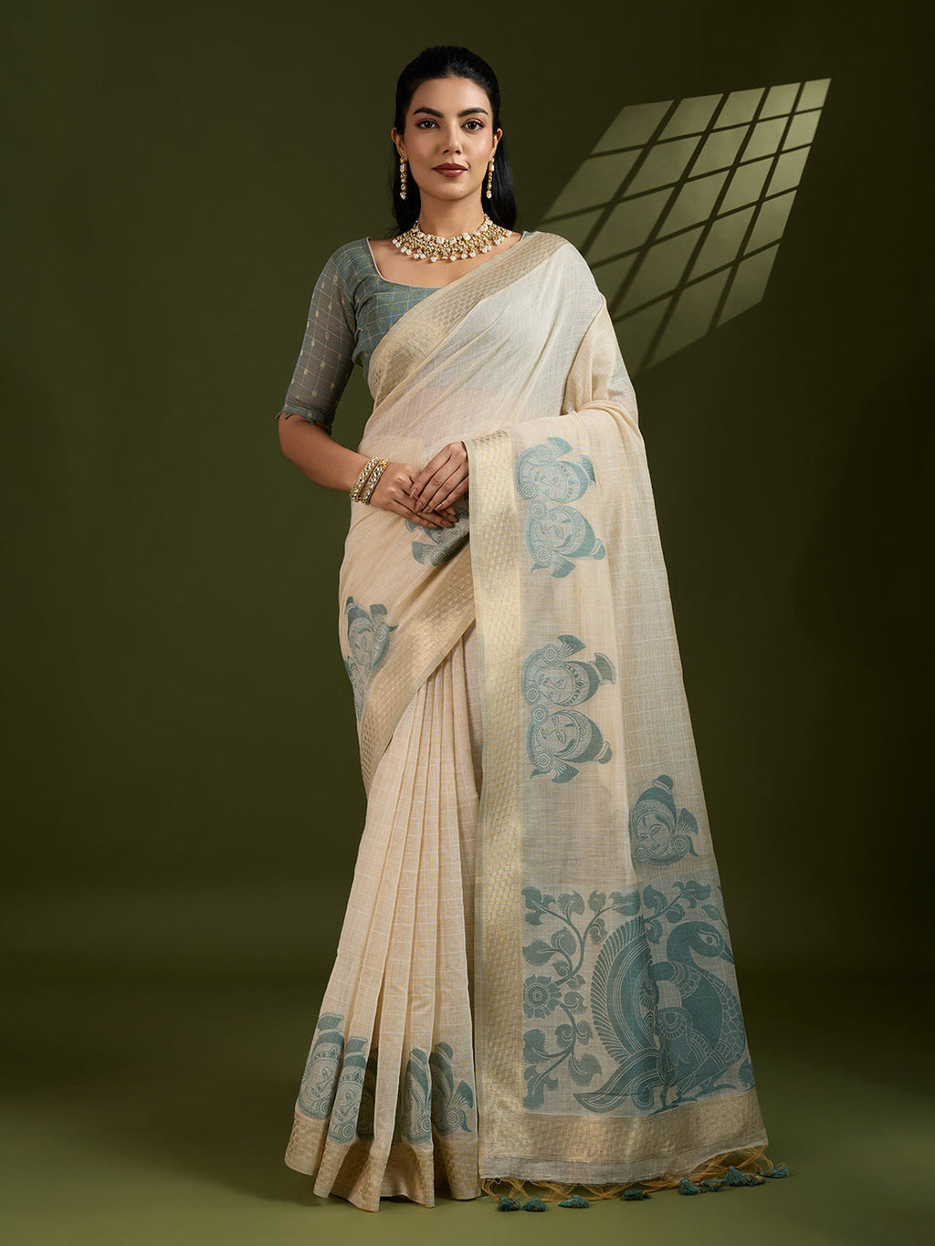 Jyoti Fashion Women's Grey Soft Muga Cotton Kalamkari Woven Saree with Blouse | Grocsy