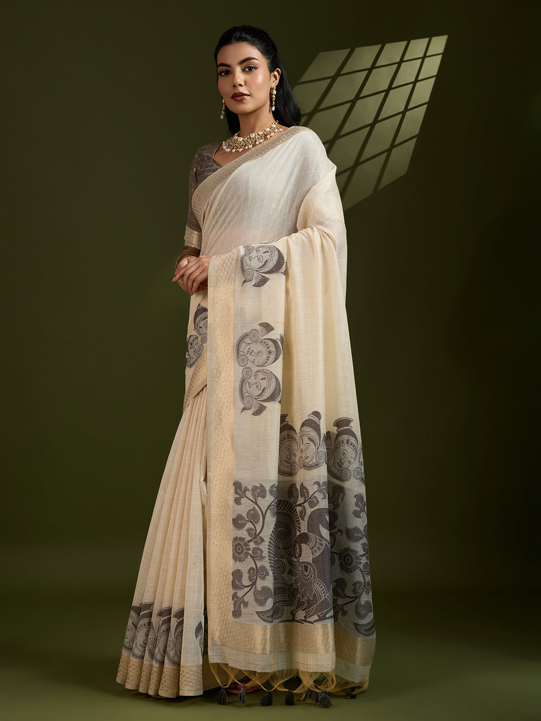 Jyoti Fashion Women's Coffee Soft Muga Cotton Kalamkari Woven Saree with Blouse | Grocsy