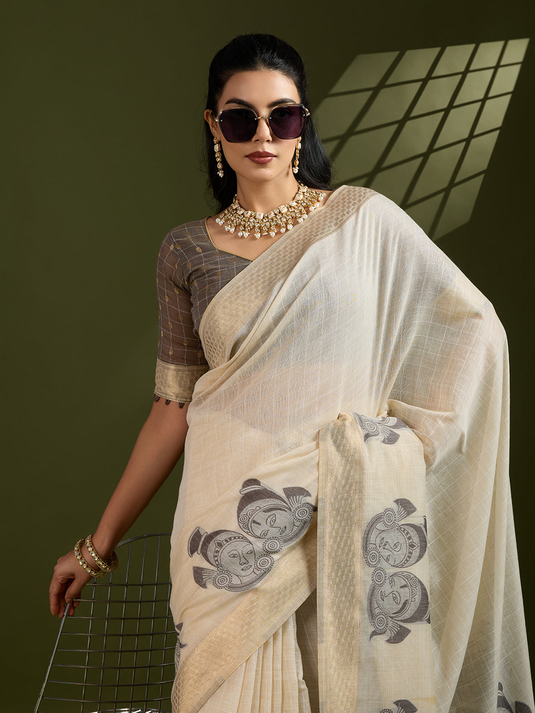Jyoti Fashion Women's Coffee Soft Muga Cotton Kalamkari Woven Saree with Blouse | Grocsy