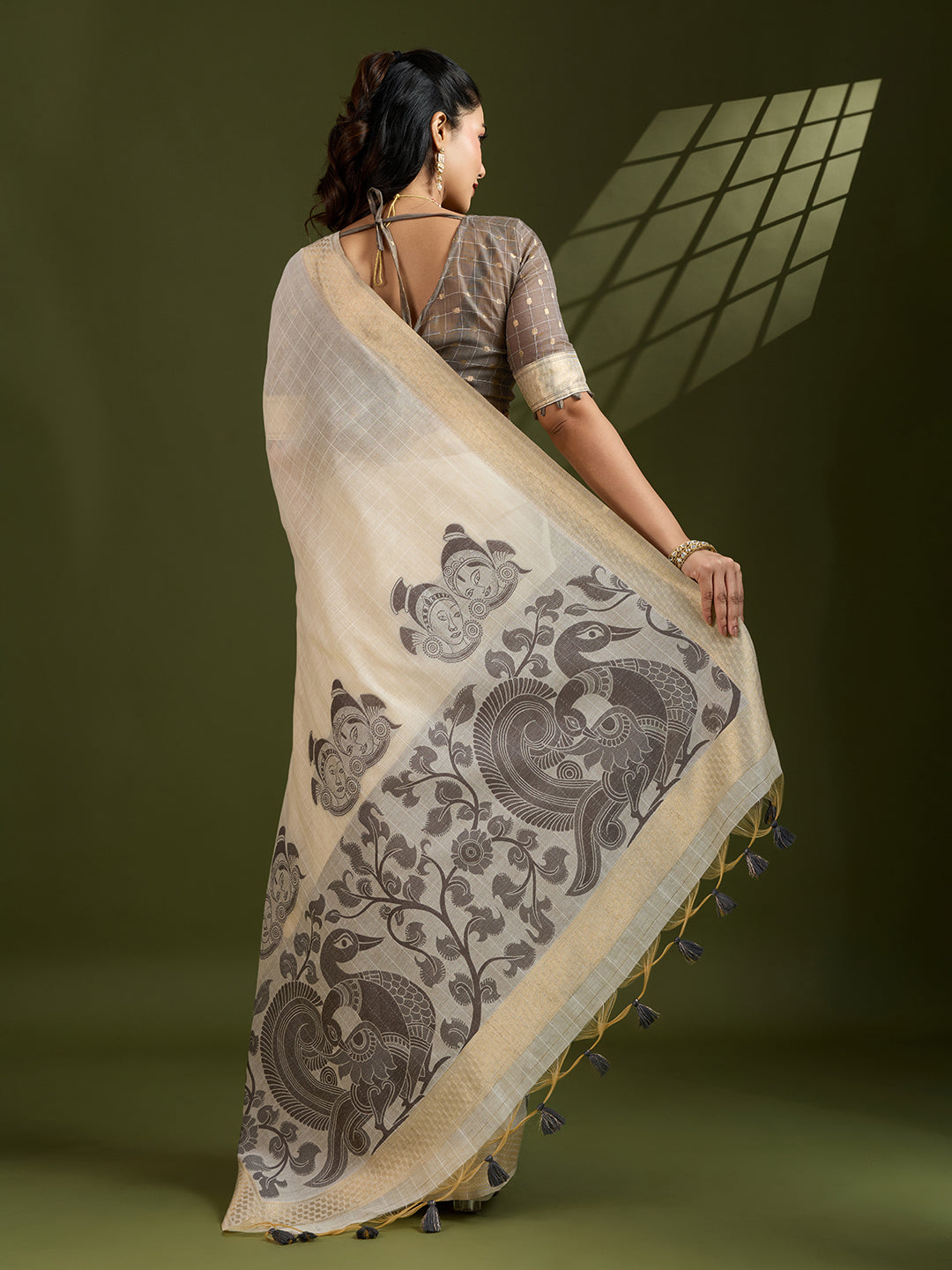 Jyoti Fashion Women's Coffee Soft Muga Cotton Kalamkari Woven Saree with Blouse | Grocsy