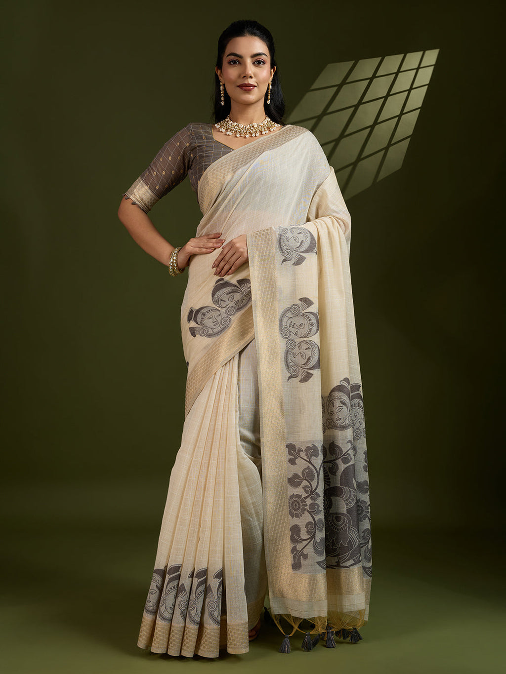 Jyoti Fashion Women's Coffee Soft Muga Cotton Kalamkari Woven Saree with Blouse | Grocsy
