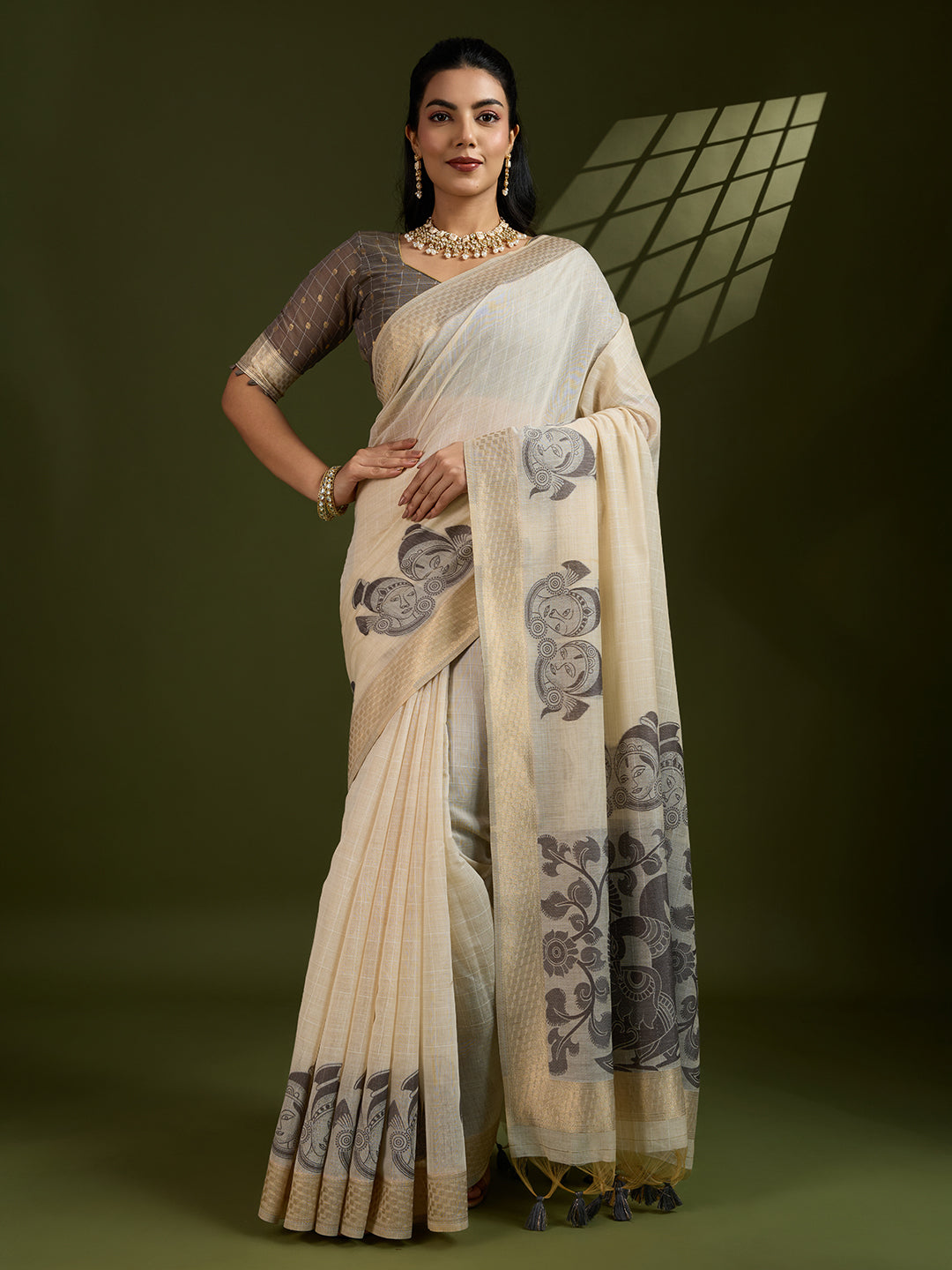 Jyoti Fashion Women's Coffee Soft Muga Cotton Kalamkari Woven Saree with Blouse | Grocsy
